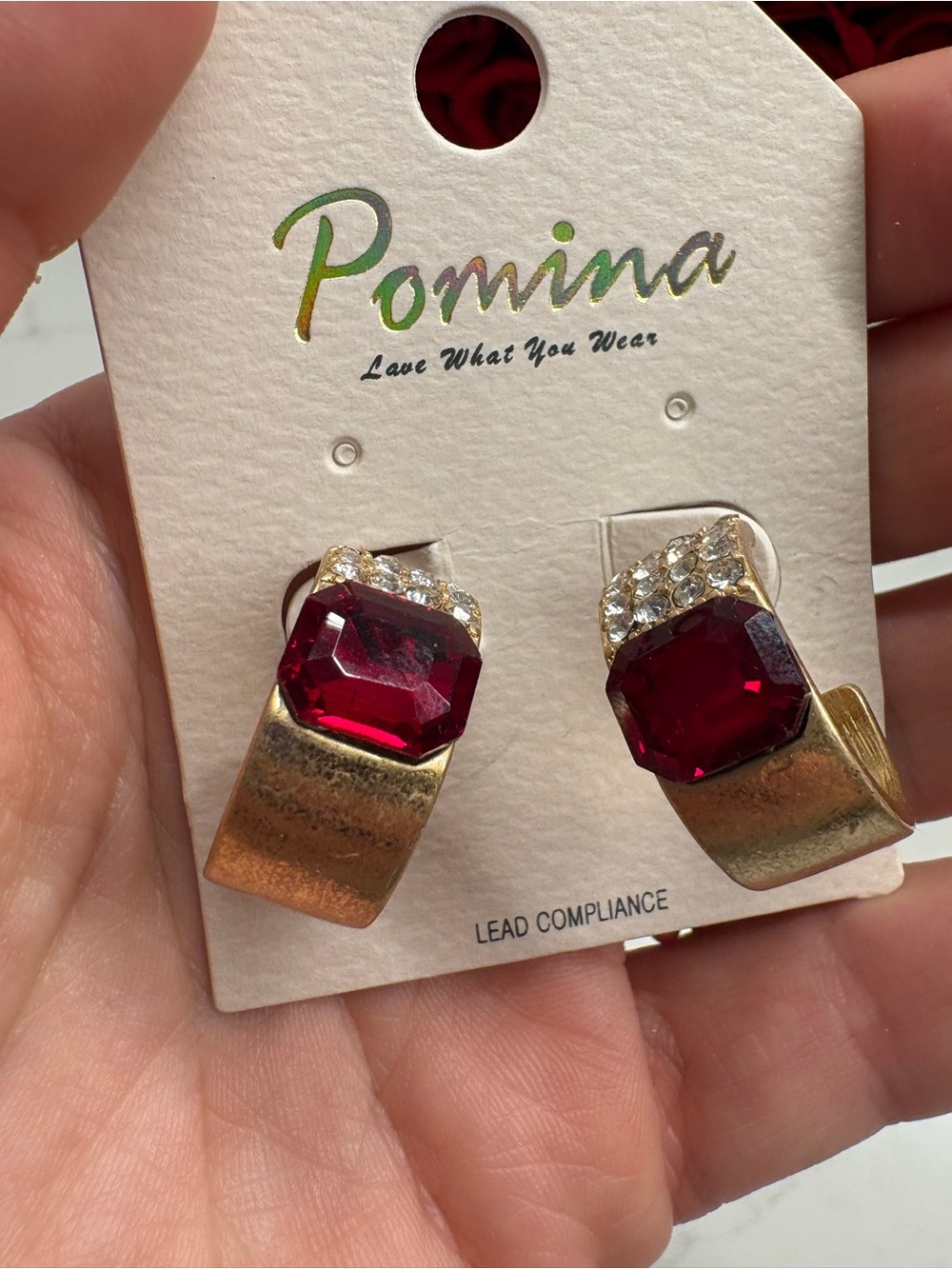 Pomina Gold-Tone Earrings with Deep Red Stones